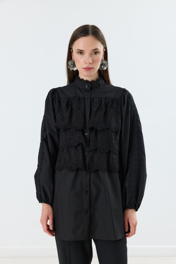 Lina Bluse mit Brocade-Details – Schwarz